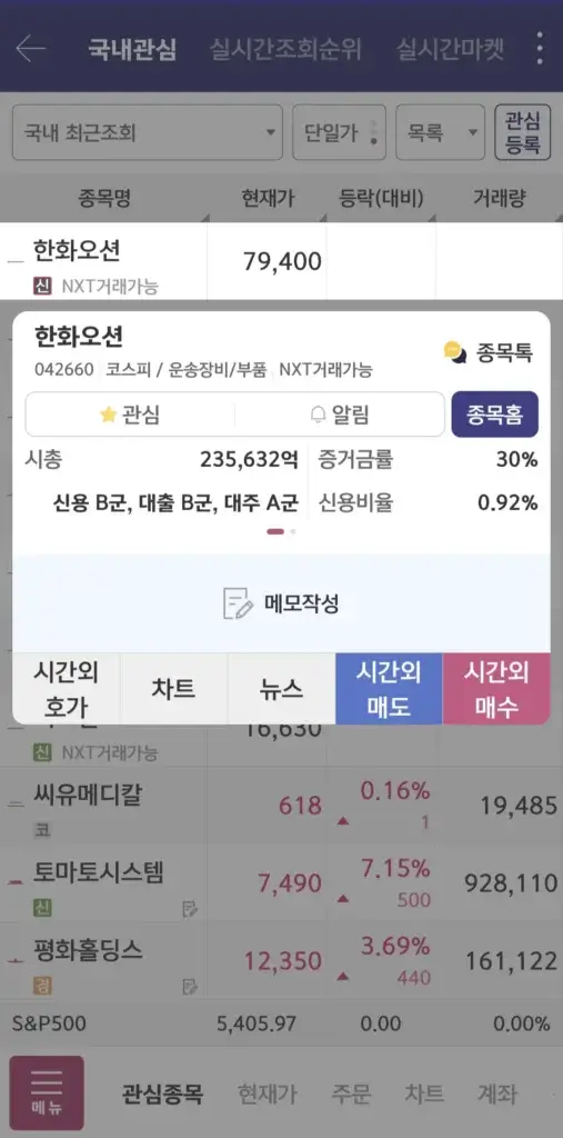 관심종목에서 클릭한 화면